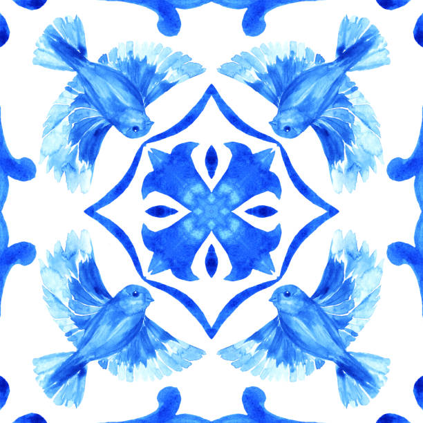 istock Azulejos - Portuguese tile blue watercolor pattern. Traditional ornament. 1404865933