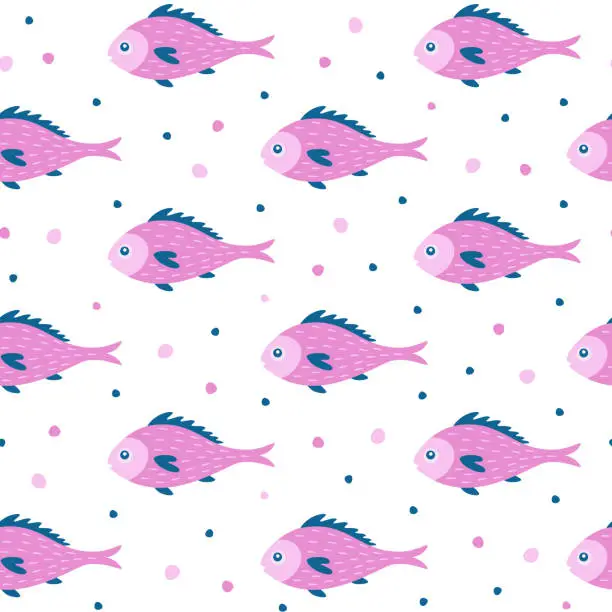 Vector illustration of Cartoon fish seamless pattern. Sea life theme background in pink colors. Ocean, wildlife or baby animals wallpaper.