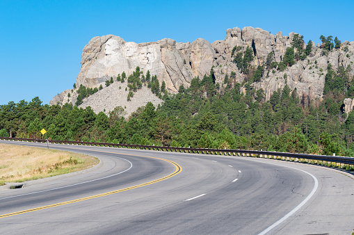 Keystone, SD - August 29, 2020: Mount Rushmore as seen from the highway approaching Mount Rushmore National Park