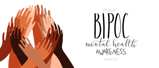 Bipoc mental health awareness month July poster with handwritten brush lettering Bipoc mental health awareness month July poster with handwritten brush lettering template person of color stock illustrations