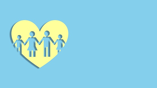 family figure icon in the shape of a heart with copy space. the concept of insurance and family relations. 3D Rendering