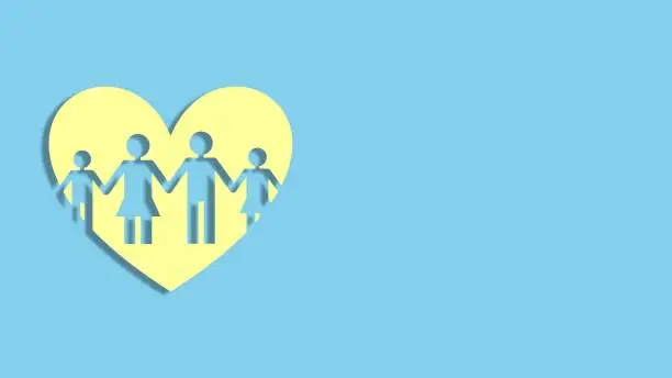 family figure icon in the shape of a heart with copy space. the concept of insurance and family relations. 3D Rendering