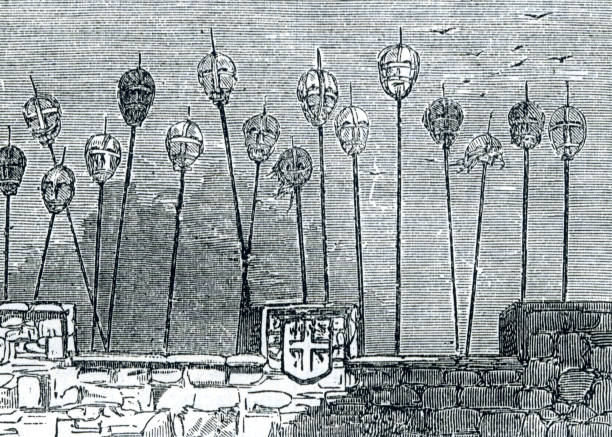 Traitors heads on spikes on London Bridge in 15th 16th 17th century Traitors’ heads were displayed on spikes on London Bridge on the south bank.  This began in about 1300 and continued until about 1660. executioner stock illustrations