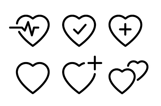 Heart icon outline style set. Heartbeat icon. Medical heart signs. Cardiogram sign. Medicine symbols. Heart with check mark and plus. Vector illustration