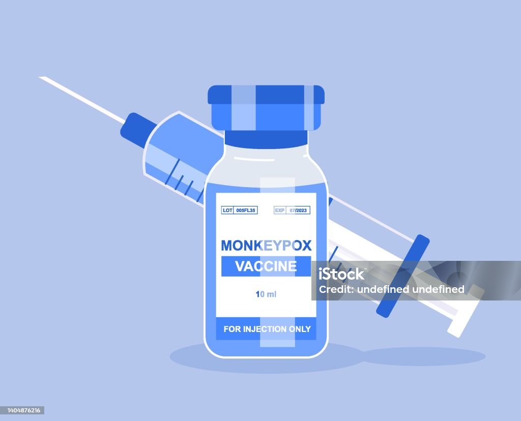 Monkeypox vaccine isolated in flat style. Medical illustration With syringe and treatment. New pandemic virus Vaccination stock vector
