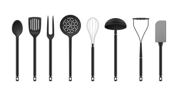 Stylish kitchen tools modern collection realistic vector illustration. Cooking utensils Stylish kitchen tools modern collection realistic vector illustration. Cooking utensils for comfortable food preparation set. Metallic plastic kitchenware spoon fork spatula whisk ladle skimmer serving utensil stock illustrations