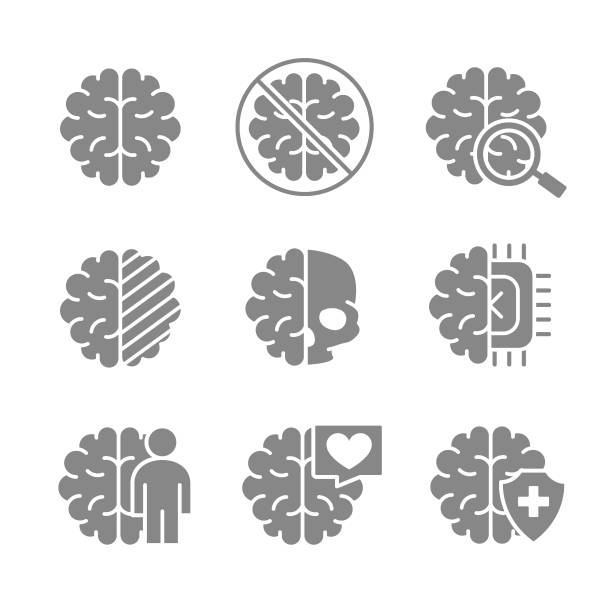 illustrations, cliparts, dessins animés et icônes de ensemble d’icône grise du cerveau humain. organe interne sain, maladie de l’organe de la tête, diagnostic, symbole de traitement - organ mountain range