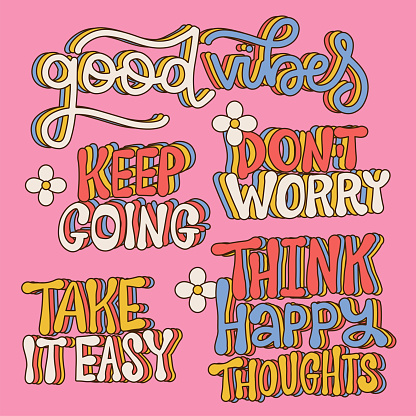 Hippie phrase groovy set. Hand drawn hippy inspirational text. Motivational quote, vintage lettering, retro 70s 60s nostalgic poster or card, t-shirt print. Vector illustration.