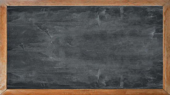 Old blank blackboard with wooden rectangular frame and steel rings for hanging. Isolated on white background and copy space, template.