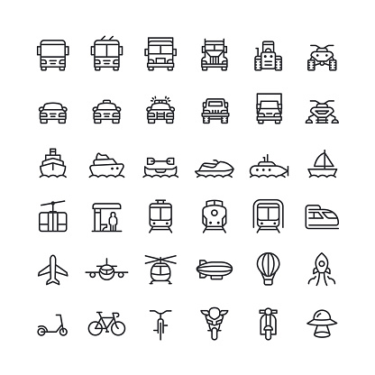 Set of transportation line vector icons. Editable stroke.