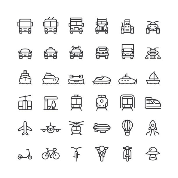 Transportation Line Icons Editable Stroke Set of transportation line vector icons. Editable stroke. train vehicle front view stock illustrations