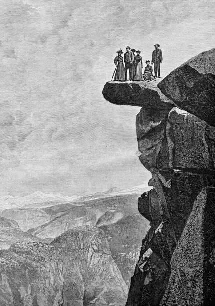 People stand at dizzying heights on the Glacier point, Yosemite California Illustration from 19th century. dizzying stock illustrations