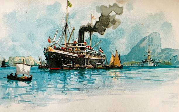 Express steamer in Rio de Janeiro harbor Illustration from 19th century. old ship cartoon stock illustrations