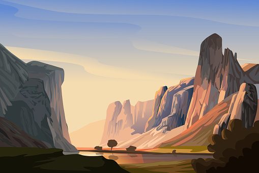 Beautiful landscape illustration, All elements are in separate Layers and grouped. Very easy to edit.