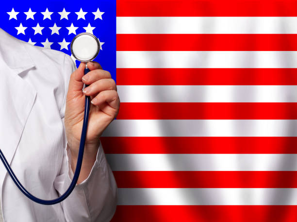 istock Stethoscope on USA flag background 1404882027
