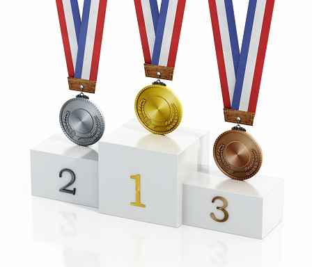 Gold, silver and bronze medals on podium with numbers 1, 2 and 3.
