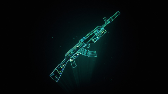 AK-47 rifle with 40mm GP-25 grenade launcher hologram on black background