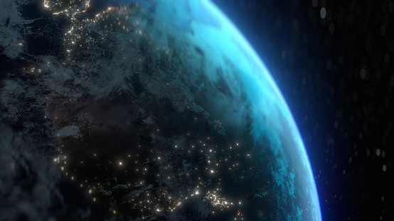 Planet Earth at night with city light illumination. View from space. 3D render.
Textures taken from: https://visibleearth.nasa.gov/images/57730/the-blue-marble-land-surface-ocean-color-and-sea-ice.  
Software used: After Effects / Element 3D / VC Orb