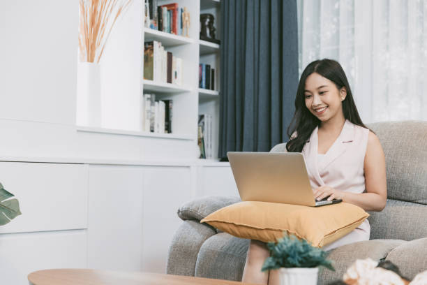 istock Virtual work at home in living room. 1404883967