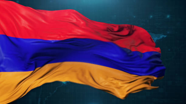 armenian flag on dark blue background - ermeni bayrağı stok fotoğraflar ve resimler