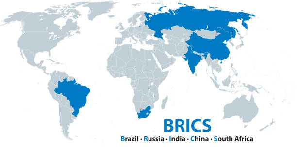 brics, mitgliedstaaten, große schwellenländer, politische landkarte - schwellenländer stock-grafiken, -clipart, -cartoons und -symbole