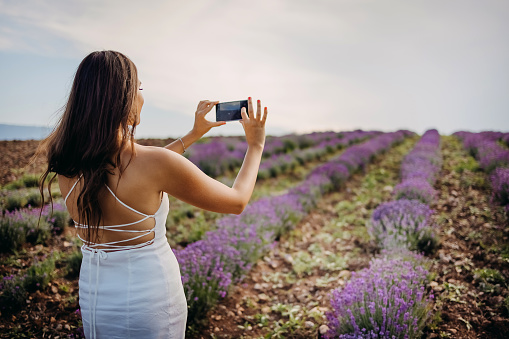 Young woman tourist taking photos in the blooming lavender fields.