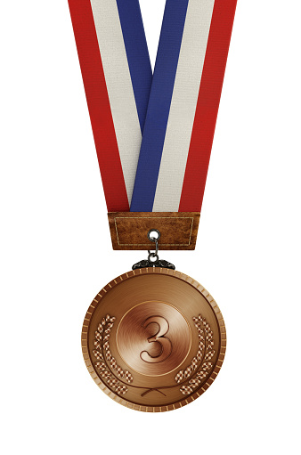 Third place bronze medal with ribbon isolated on white.