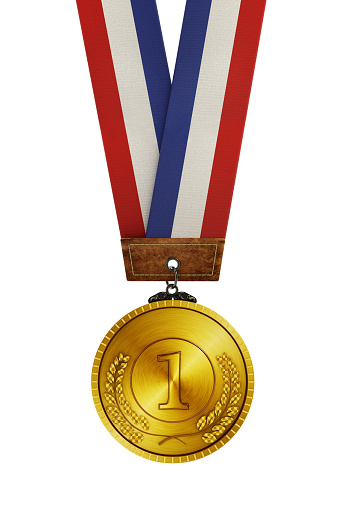 Medal gold for USA. Winner prize award with ribbon and US flag on black background. American athlete trophy in sport for first place champion. Blank space and laurel wreath, template