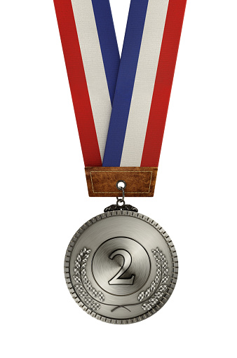 Second place silver medal with ribbon isolated on white.