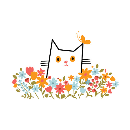 vector composition funny cat looking out of the flower meadow