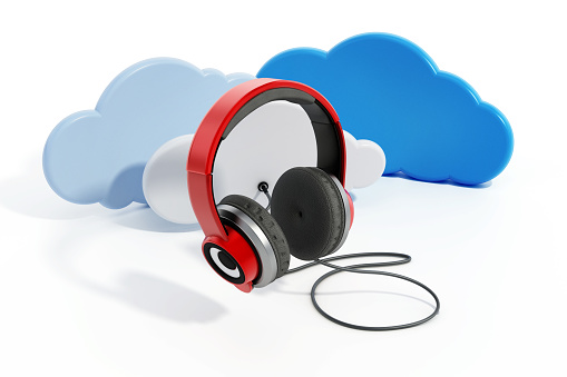 Red headphones connected to the group of cloud shapes.