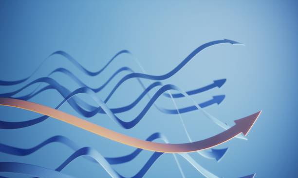 Orange colored arrow standing out from the crowd Orange colored arrow standing out from the blue wavy arrows on blue background, can be used in career growth, money improvement etc. concepts. (3d render) ribbon flow stock pictures, royalty-free photos & images