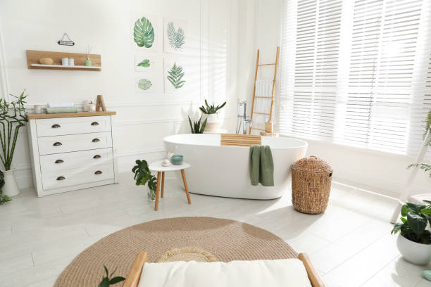 istock Stylish bathroom interior with green plants. Home design 1404888248