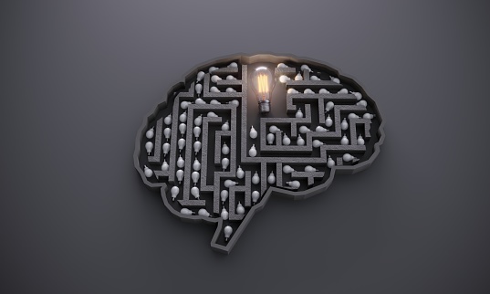 Lightbulbs in the maze-shaped brain and the big one is glowing, symbolizing big ideas, innovation concepts. (3d render)