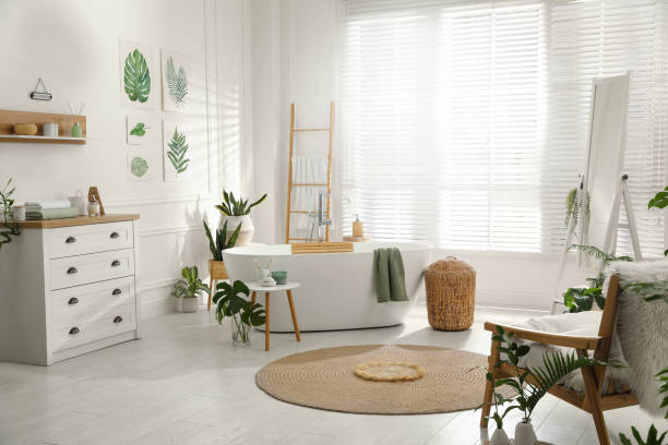 istock Stylish bathroom interior with green plants. Home design 1404888581