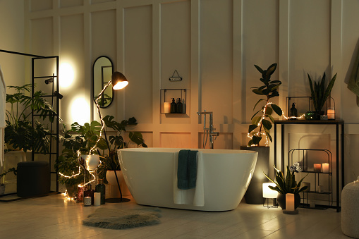 Stylish bathroom interior with houseplants and string lights. Home design