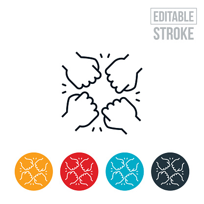 An icon of four people participating in a team fist bump. The icon includes editable strokes or outlines using the EPS vector file.