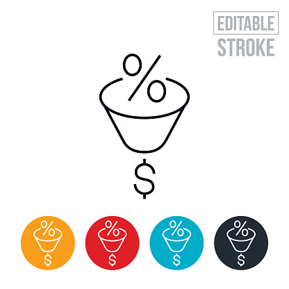 An icon of an interest rate being funneled down to a small dollar sign. This icon represents high interest rates. The icon includes editable strokes or outlines using the EPS vector file.