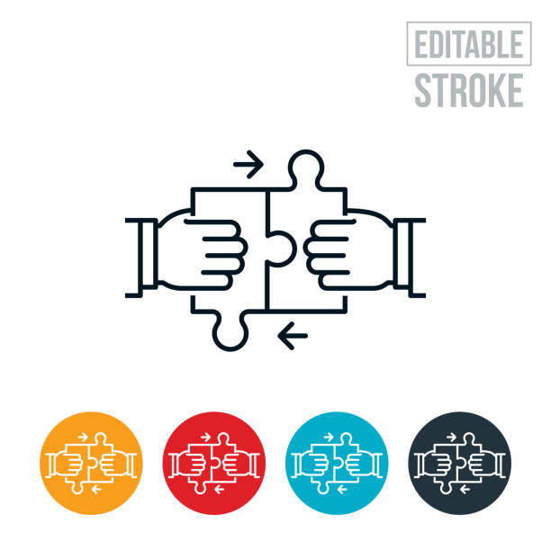 2つのジグソーパズルのピースを一緒に細い線のアイコンを置く手 - 編集可能なストローク - human hand puzzle togetherness connection点のイラスト素材／クリップアート素材／マンガ素材／アイコン素材