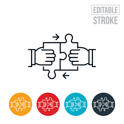 An icon of two hands putting two jigsaw puzzle pieces together. The icon includes editable strokes or outlines using the EPS vector file.