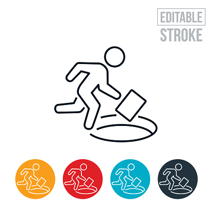 An icon of a business person carrying a briefcase running towards a hole or pitfall in the ground. The icon includes editable strokes or outlines using the EPS vector file.
