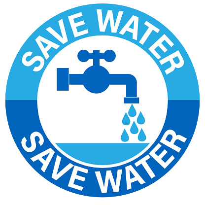 Save water, round blue and white sign with silohouettes of  faucet, drops and collected water. Sticker.