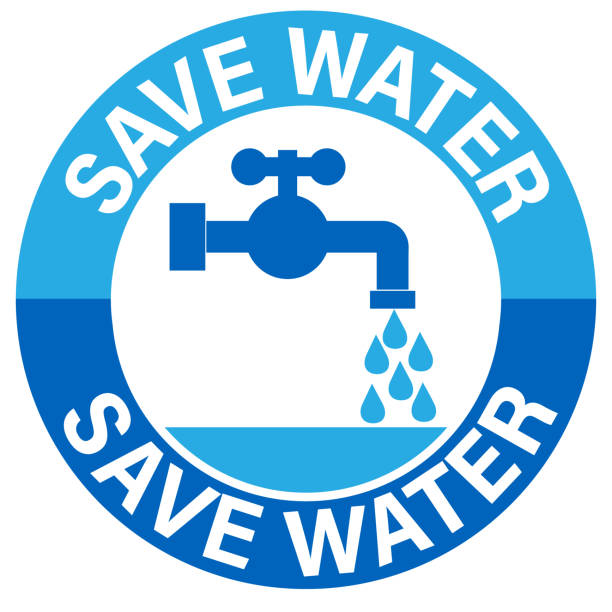 Save water, round blue and white sign with silohouettes of  faucet, drops and collected water. Save water, round blue and white sign with silohouettes of  faucet, drops and collected water. Sticker. water conservation stock illustrations