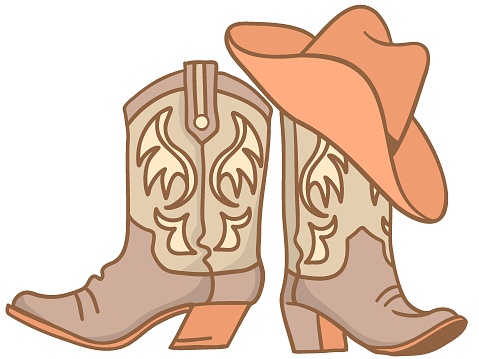 Western cowboy boots and hat handdrawn graphic illustration isolated on white. Vector outline illustration of Rodeo clothes for cowboy