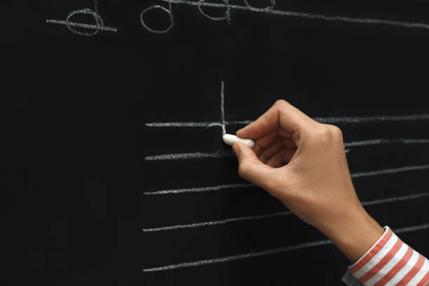 istock Teacher writing music notes with chalk on blackboard, closeup 1404892852