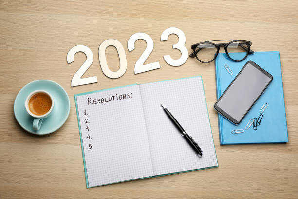 istock Making resolutions for 2023 new year. Flat lay composition with notebook on wooden table 1404892911