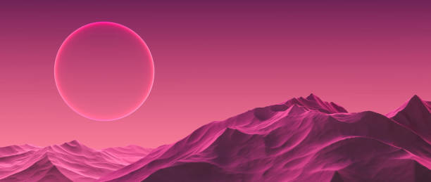 paysage planétaire de couleur rose avec une planète lumineuse dans le ciel minimaliste. paysage abstrait d’une planète fantastique de couleur rose-violet avec des montagnes en relief. rendu 3d. - futurism photos et images de collection