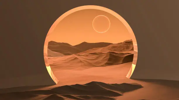 Photo of Arch door with access to outer space of another planet. Alien sandy fantasy planet landscape. Exit to another planet minimalism.3D render