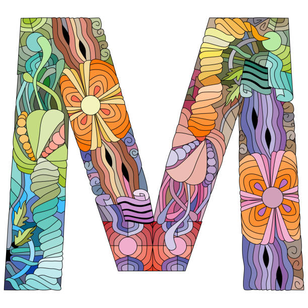 ilustrações de stock, clip art, desenhos animados e ícones de letter m monogram, engraving design. vector illustration. - letter m alphabet color image flower