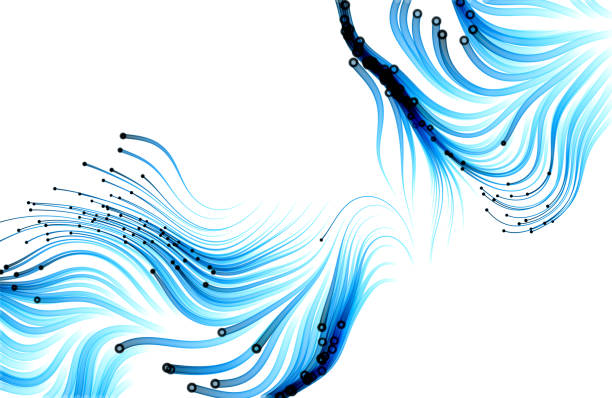 синие струящиеся частицы на белом фоне. - cyberspace abstract backgrounds photon stock illustrations
